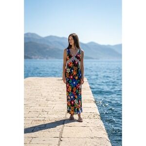 Pretty Garbage Floral Lace Trim Maxi Dress Black Multi V-Neck Sleeveless Large